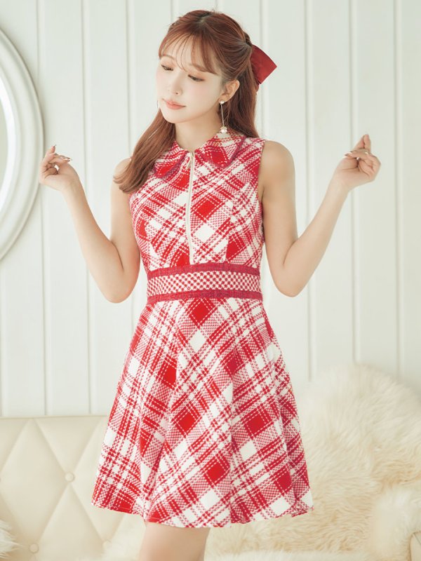 画像3: XSサイズあり 【an /アン】フロントジップ/ チェック/ ツイード/ 襟付き/ ノースリーブ/  フレア/ ミニドレス/ キャバドレス[OF05]