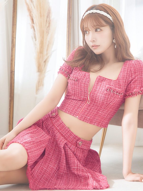 画像5: XSサイズあり【an /アン】セットアップ/ フロントジッパー/ ツイード/ 半袖/ ボタン/ 裾フリンジ/ ミニドレス/ キャバドレス[OF05]