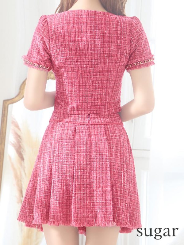 画像9: XSサイズあり【an /アン】セットアップ/ フロントジッパー/ ツイード/ 半袖/ ボタン/ 裾フリンジ/ ミニドレス/ キャバドレス[OF05]