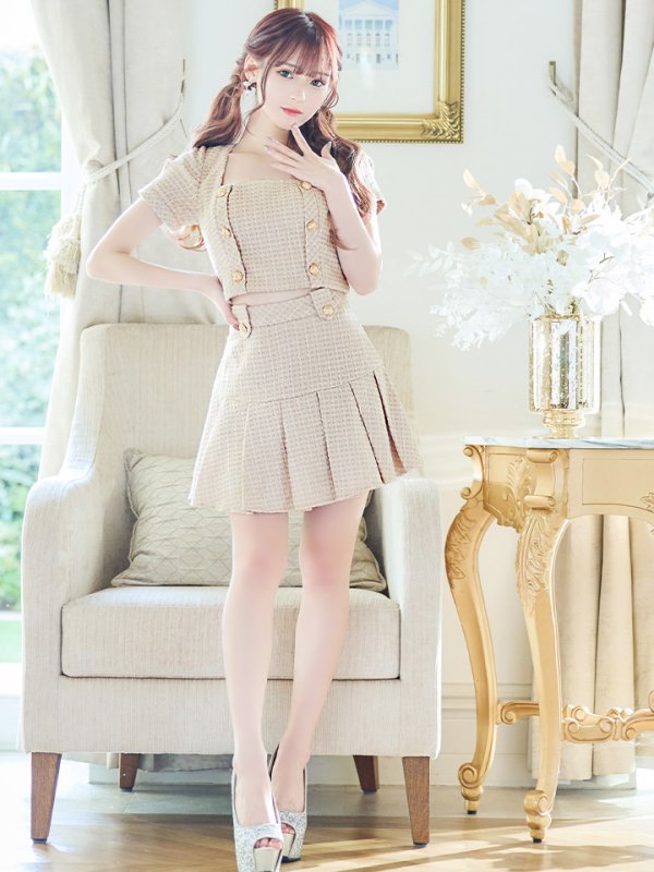 画像3: XSサイズあり【an/アン】ツイード/ ボタンデザイン/ 半袖/ 袖あり/ パフスリーブ/ セットアップ/ プリーツ/ ミニドレス/ キャバドレス[OF05]