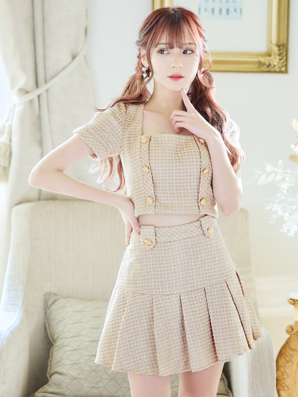 画像7: XSサイズあり【an/アン】ツイード/ ボタンデザイン/ 半袖/ 袖あり/ パフスリーブ/ セットアップ/ プリーツ/ ミニドレス/ キャバドレス[OF05]