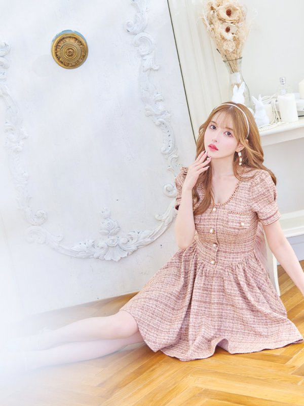 画像5: XSサイズあり【an/アン】 ツイード/ パールボタン/ パフスリーブ/ 半袖/ 袖あり/ ゴールドチェーン / フレア/ ワンピース/ ミニドレス/ キャバドレス[OF05]