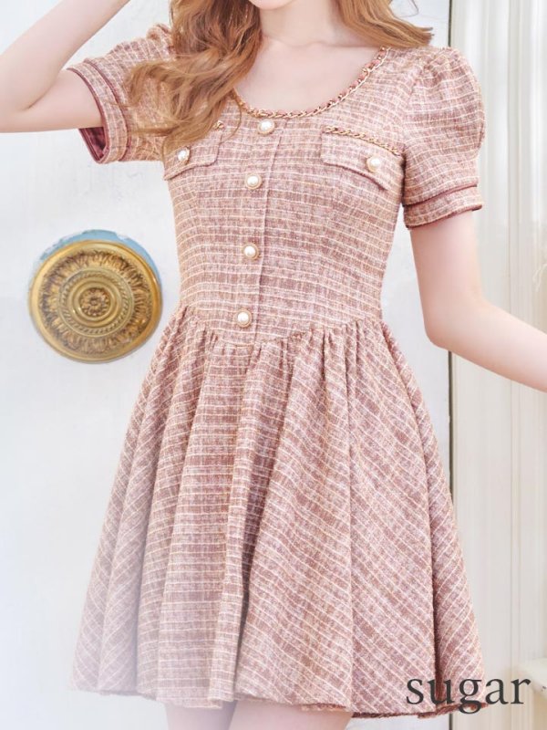 画像8: XSサイズあり【an/アン】 ツイード/ パールボタン/ パフスリーブ/ 半袖/ 袖あり/ ゴールドチェーン / フレア/ ワンピース/ ミニドレス/ キャバドレス[OF05]