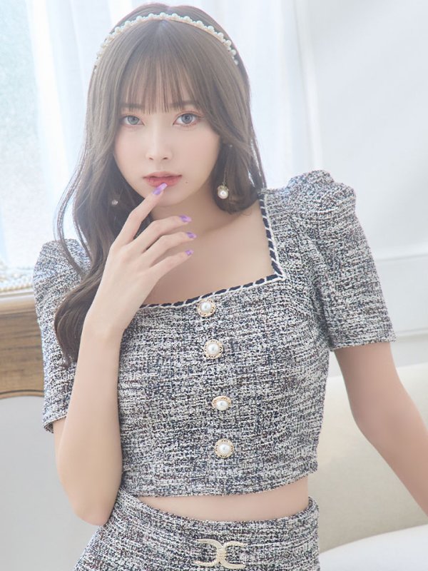 画像6: XSサイズあり【an/アン】 ツイード / セットアップ/ ストレッチ/ 半袖/ 袖あり/ パフスリーブ/ タイト/ ミニドレス/ キャバドレス[OF05]