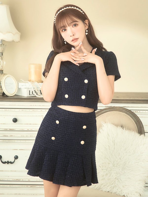 画像14: XSサイズあり【an/アン】ラメツイード/ 襟付き/ ボタンデザイン/ 半袖/ 袖あり/ セットアップ/ プリーツ/ ミニドレス/ キャバドレス[OF05]