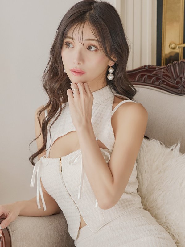 画像3: XSサイズあり【an /アン】セットアップ/ 千鳥柄/ ツイード/ ボタン/ フロントジップ/ キャミソール/ リボン/ カットアウト/ 裾フリル/ ミニドレス/ キャバドレス[OF05]