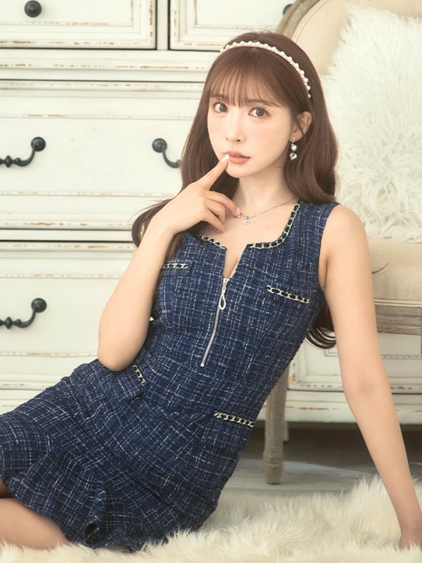 画像12: XSサイズあり【an/アン】フロントジップ/ チェック/ ツイード/ ノースリーブ/ チェーンパイピング/ タイト/ ミニドレス/ キャバドレス[OF05]