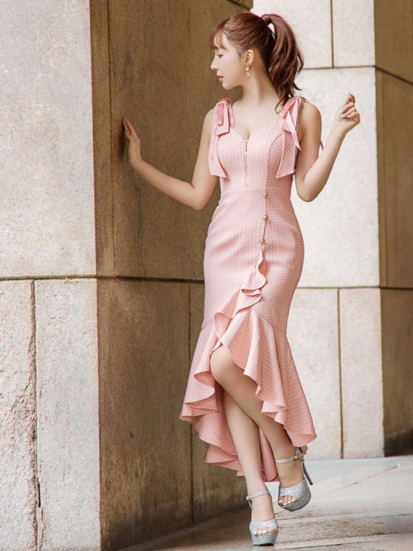 画像6: XSサイズあり【an /アン】マーメイド/ チェックツイード/ ノースリーブ/ フリル/ ショルダーリボン/ ミディアムドレス / キャバドレス[OF05]