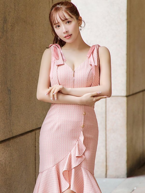 画像8: XSサイズあり【an /アン】マーメイド/ チェックツイード/ ノースリーブ/ フリル/ ショルダーリボン/ ミディアムドレス / キャバドレス[OF05]