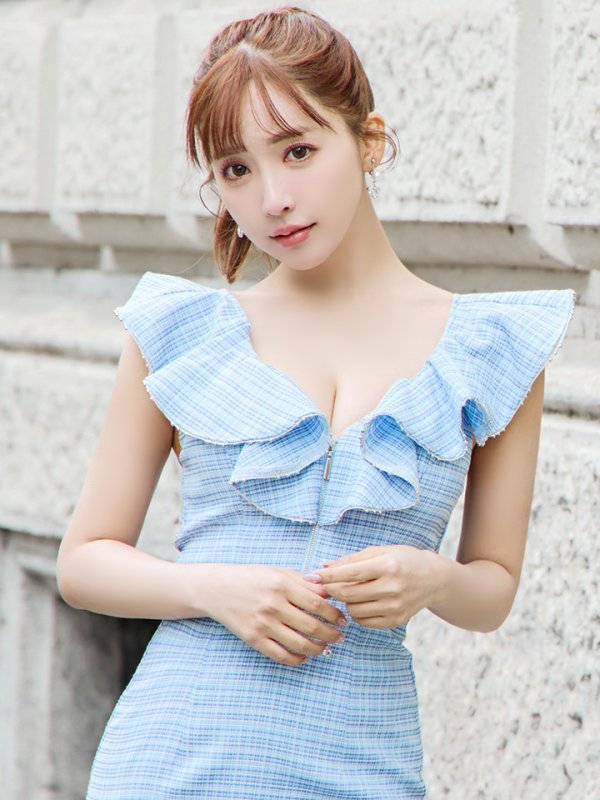 画像8: XSサイズあり【an /アン】チェック/ フリル/ ノースリーブ/ フロントジップ/ マーメイド/ ミディアムドレス / キャバドレス[OF05]