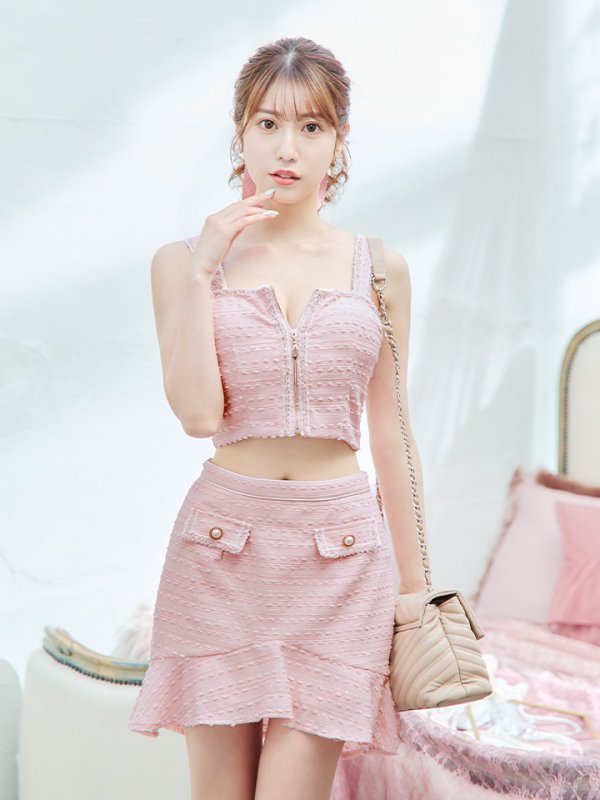 画像3: XSサイズあり【an /アン】 ツイード/ セットアップ/ フロントジップ/ ノースリーブ/ 裾フリル/ ミニドレス/ キャバドレス[OF05]