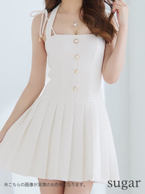 画像19: XSサイズあり【an /アン】パールボタン/ スパンコール/ ツイード/ リボンショルダー/ プリーツ/ フレア/ ミニドレス/ キャバドレス[OF05]