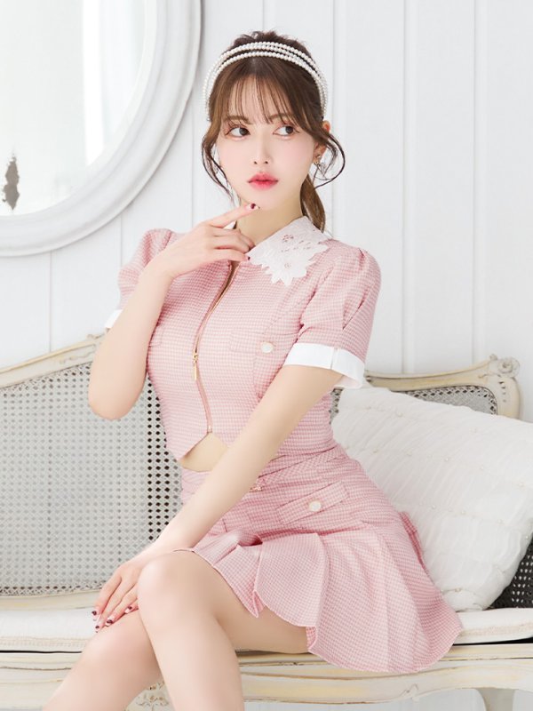 画像18: XSサイズあり【an /アン】襟付き/ フロントジップ/ 袖あり/ パフスリーブ/ プリーツ/ Aライン/ セットアップ/ ミニドレス/ キャバドレス[OF05]