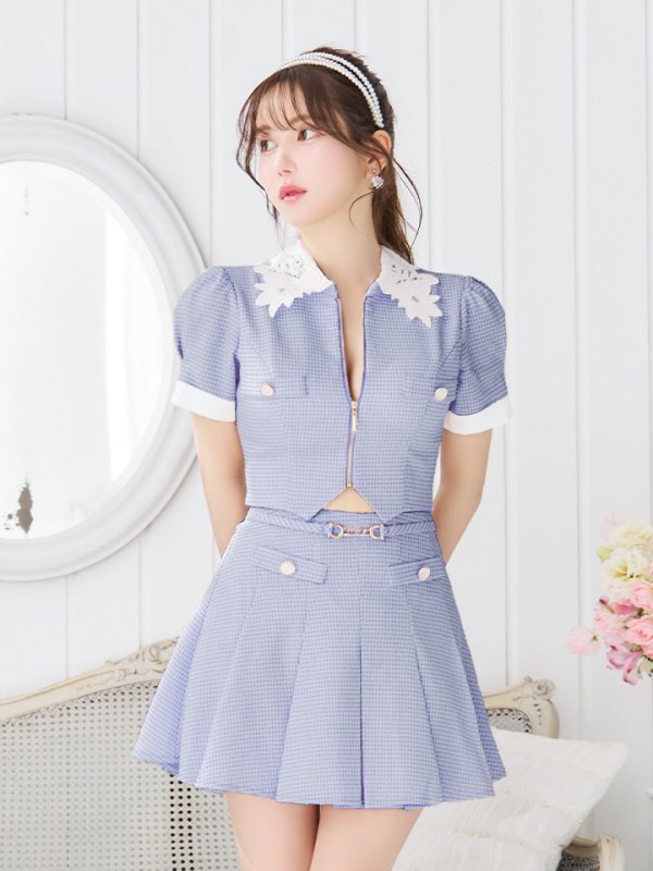 画像3: XSサイズあり【an /アン】襟付き/ フロントジップ/ 袖あり/ パフスリーブ/ プリーツ/ Aライン/ セットアップ/ ミニドレス/ キャバドレス[OF05]