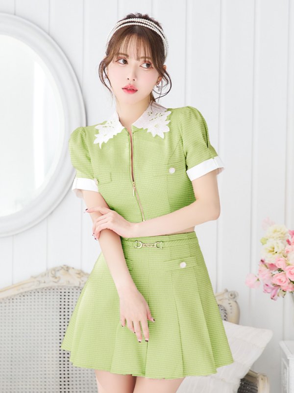 画像6: XSサイズあり【an /アン】襟付き/ フロントジップ/ 袖あり/ パフスリーブ/ プリーツ/ Aライン/ セットアップ/ ミニドレス/ キャバドレス[OF05]