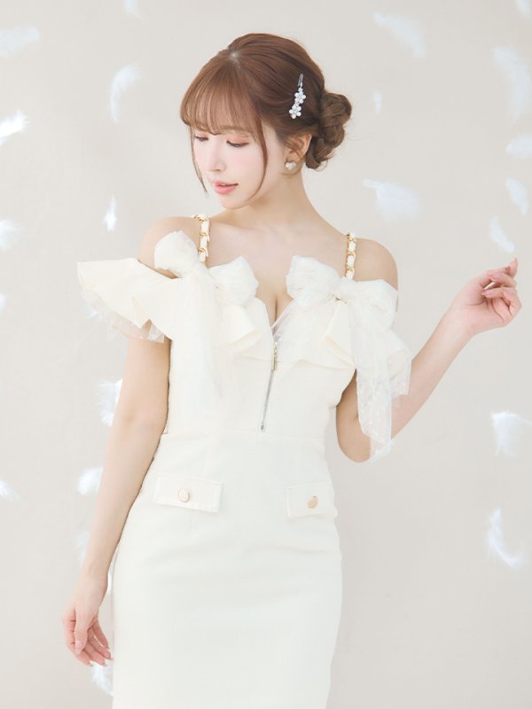 画像17: XSサイズあり【an /アン】 ワンカラー/ ツイード/ フロントジップ/ チェーン/ ショルダーリボン/ キャミ/ フリル/ タイト/ ミニドレス/ キャバドレス[OF05]