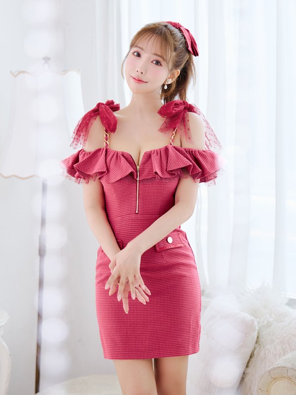 画像34: XSサイズあり【an /アン】 ワンカラー/ ツイード/ フロントジップ/ チェーン/ ショルダーリボン/ キャミ/ フリル/ タイト/ ミニドレス/ キャバドレス[OF05]