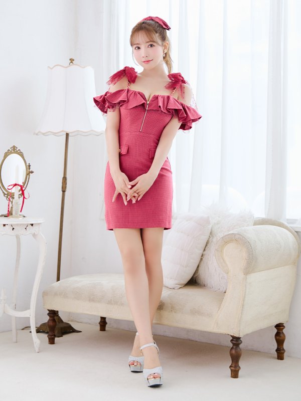 画像36: XSサイズあり【an /アン】 ワンカラー/ ツイード/ フロントジップ/ チェーン/ ショルダーリボン/ キャミ/ フリル/ タイト/ ミニドレス/ キャバドレス[OF05]