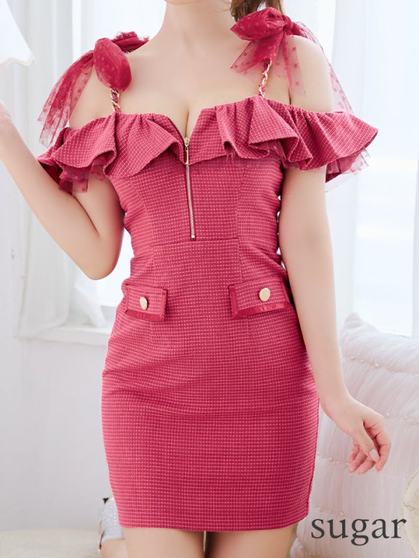 画像38: XSサイズあり【an /アン】 ワンカラー/ ツイード/ フロントジップ/ チェーン/ ショルダーリボン/ キャミ/ フリル/ タイト/ ミニドレス/ キャバドレス[OF05]