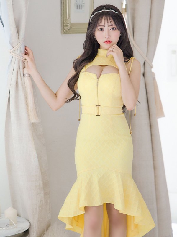 画像9: XSサイズあり【an /アン】バストカットアウト/ ハイネック/ フロントジップ/ ベルト/ ノースリーブ/ テールカット/ マーメイド/ ミディアムドレス/ キャバドレス[OF05]