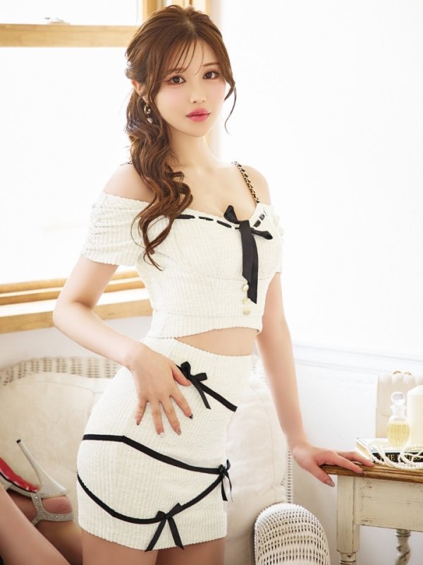 画像33: XSサイズあり【an /アン】 セットアップ/ リボン/ オフショル/ ハーフスリーブ/ ボタン/ フロントジップ/タイト/ ミニドレス/ キャバドレス[OF05]