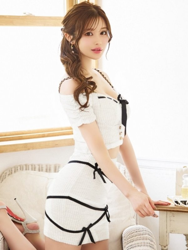 画像34: XSサイズあり【an /アン】 セットアップ/ リボン/ オフショル/ ハーフスリーブ/ ボタン/ フロントジップ/タイト/ ミニドレス/ キャバドレス[OF05]