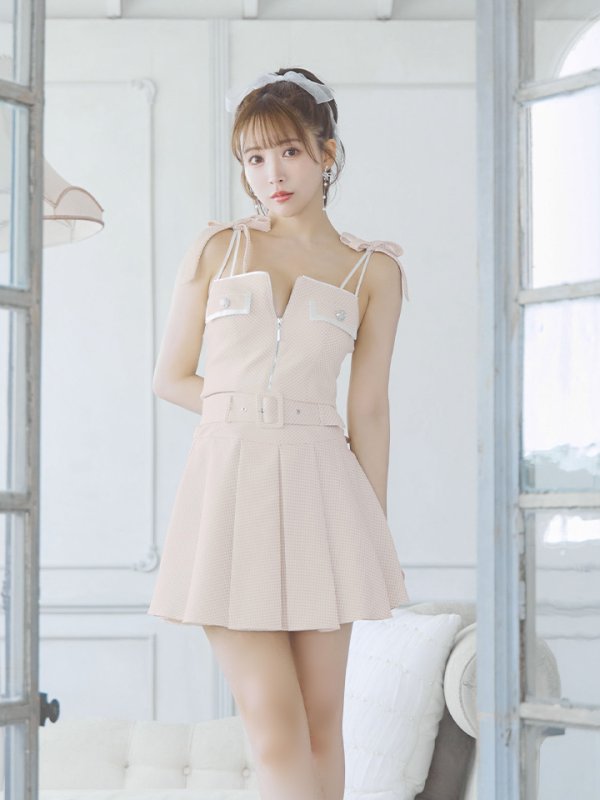 画像6: XSサイズあり【an /アン】ツイード/ ボタン/ ショルダーリボン/ キャミソール/ セットアップ/ Aライン/ 裾プリーツ/ ミニドレス/ キャバドレス[OF05]