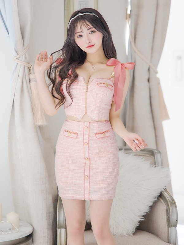 画像34: XSサイズあり【an /アン】 ショルダーリボン/ フロントジップ/ ゴールドバックル/ ボタン/ セットアップ/タイト/ ミニドレス/ キャバドレス[OF05]