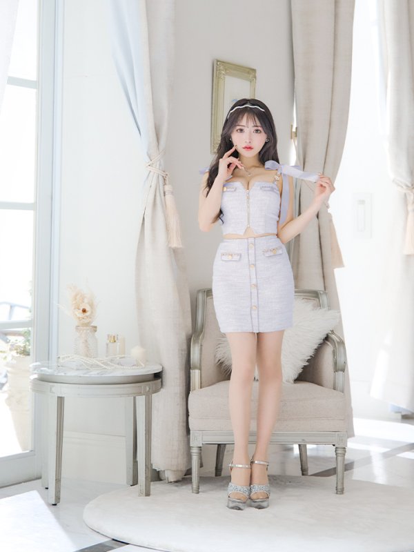 画像3: XSサイズあり【an /アン】 ショルダーリボン/ フロントジップ/ ゴールドバックル/ ボタン/ セットアップ/タイト/ ミニドレス/ キャバドレス[OF05]