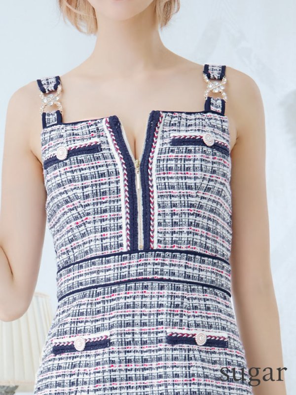 画像10: XSサイズあり【an /アン】ツイード/ フロントジップ/ ショルダーバックル/ ノースリーブ/ タイト/ ミニドレス/ キャバドレス[OF05]