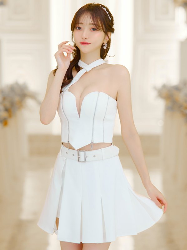 画像16: XSサイズあり【an /アン】2way/ ホルターネック/ ベア/ バストシアー/ ベルト/ ジップデザイン/ プリーツ/ フレア/ セットアップ/ ミニドレス/ キャバドレス[OF05]