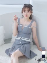 XSサイズあり【an /アン】デコルテチェーン/ ノースリーブ/ ベルト/ バストジッパー/ ボックスプリーツ/ ボタン/ Aライン/ セットアップ/ ミニドレス/ キャバドレス[OF05]