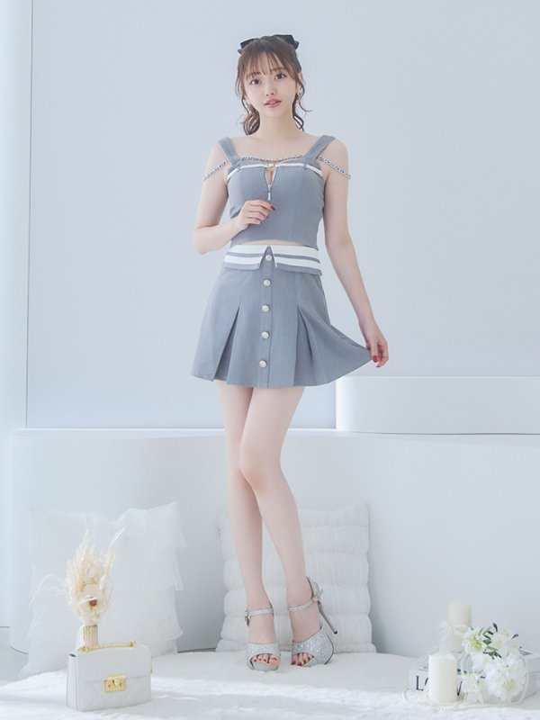 画像4: XSサイズあり【an /アン】デコルテチェーン/ ノースリーブ/ ベルト/ バストジッパー/ ボックスプリーツ/ ボタン/ Aライン/ セットアップ/ ミニドレス/ キャバドレス[OF05]