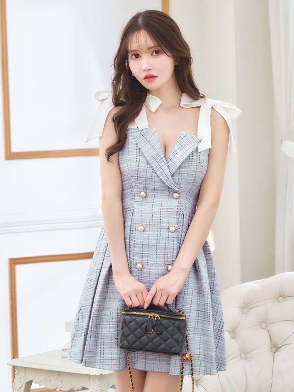 画像6: XSサイズあり【an /アン】ツイード/ パールボタン/ ショルダーリボン/ ノースリーブ/ フレア/ 裾プリーツ/ ミニドレス/ キャバドレス[OF05]