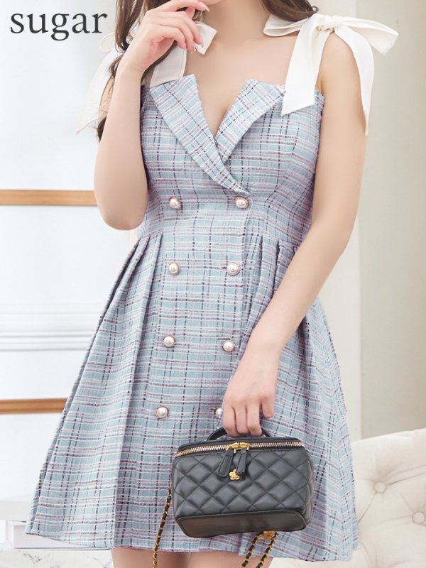 画像8: XSサイズあり【an /アン】ツイード/ パールボタン/ ショルダーリボン/ ノースリーブ/ フレア/ 裾プリーツ/ ミニドレス/ キャバドレス[OF05]