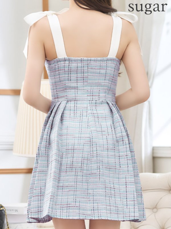 画像9: XSサイズあり【an /アン】ツイード/ パールボタン/ ショルダーリボン/ ノースリーブ/ フレア/ 裾プリーツ/ ミニドレス/ キャバドレス[OF05]