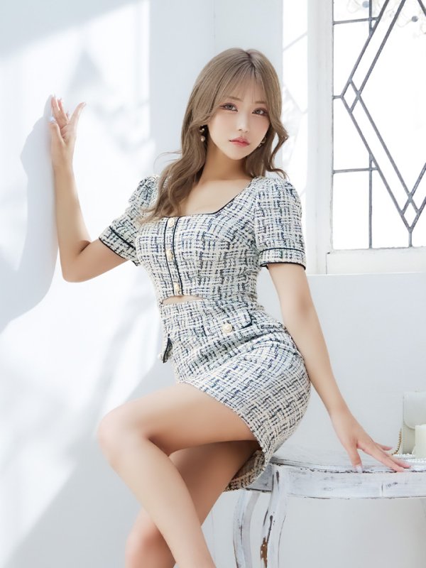 画像5: XSサイズあり【an /アン】 ストレッチ/ ツイード/ カットアウト/ パールボタン/ 半袖/ 袖あり/ タイト/ ミニドレス/ キャバドレス[OF05]