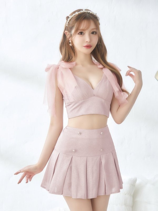 画像3: XSサイズあり【an /アン】ショルダーリボン/ ラメ/ラインストーン/ ストレッチ/ プリーツ/ フレア/ セットアップ/ ミニドレス/ キャバドレス[OF05]