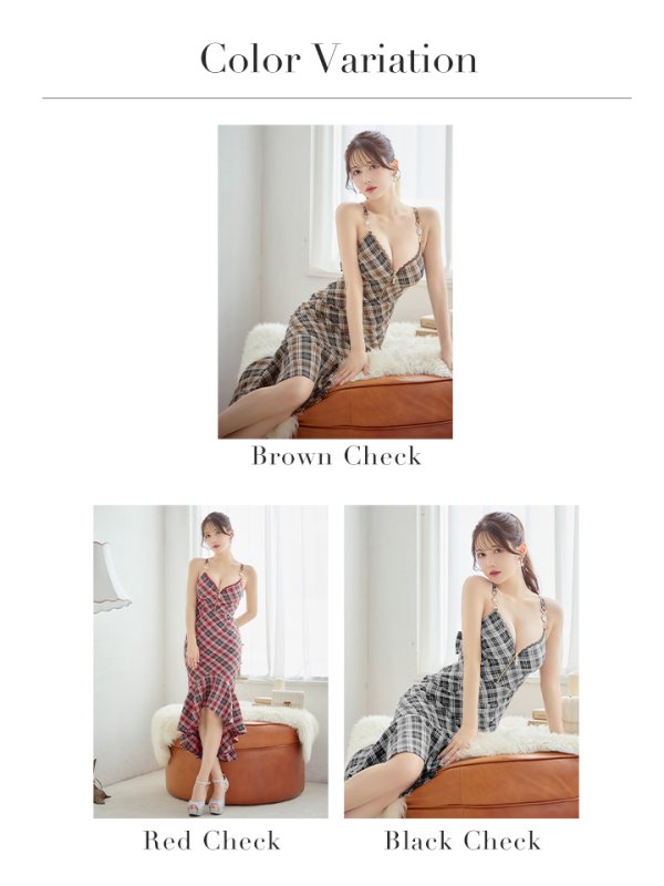 画像35: XSサイズあり【an /アン】チェック柄/ マーメイド/ テールカット/ フロントジップ/ ノースリーブ/ ビジューバックル/ ミディアムドレス/ キャバドレス[OF05]