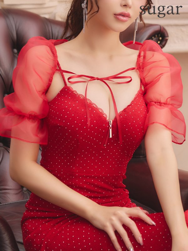 画像10: XSサイズあり【an /アン】シフォンパフスリーブ/ リボン/ バストジップ/ 裾フリル/ テールカット/ マーメイド/ ミディアムドレス/ キャバドレス[OF05]