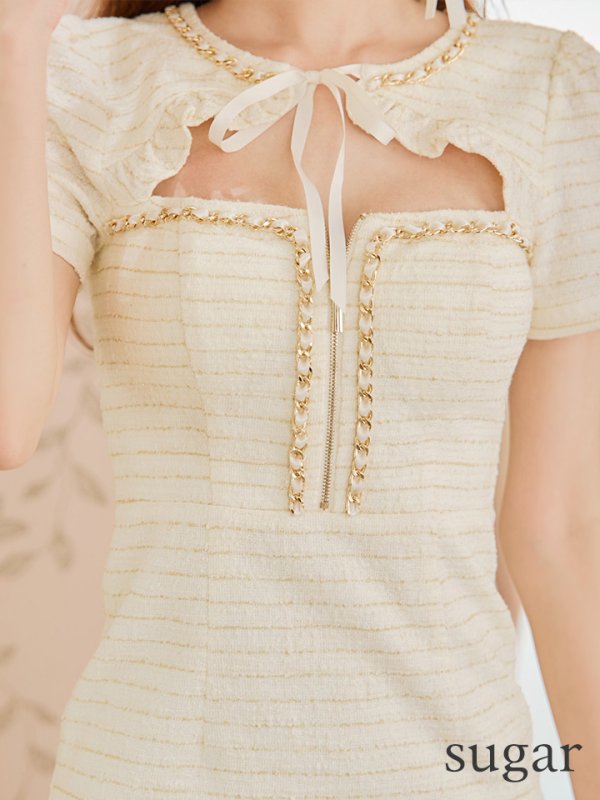 画像8: XSサイズあり【an /アン】ツイード/ 半袖/ リボン/ チェーン/ フロントジップ/ タイト/ ミニドレス/ キャバドレス[OF05]