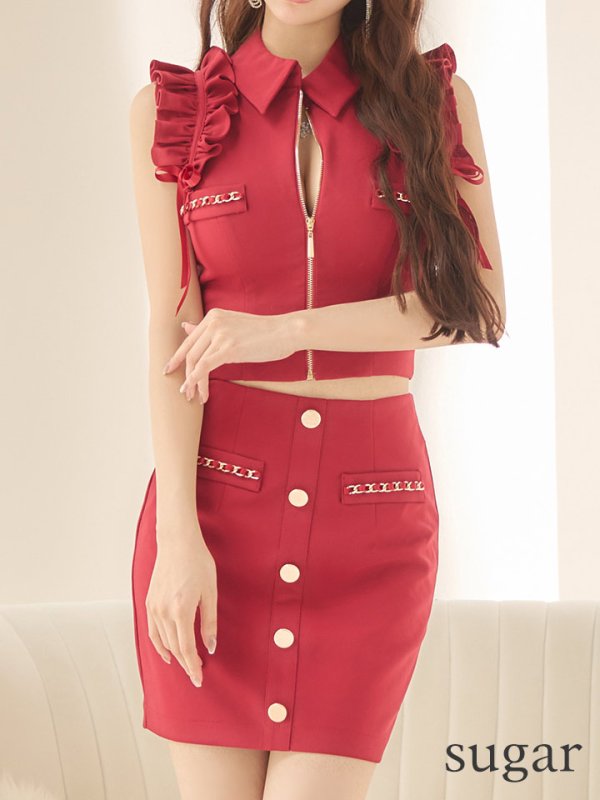 画像26: XSサイズあり【an /アン】セットアップ/ ノースリーブ/ フリルショルダー/ フロントジップ/ ボタン/ タイト/ ミニドレス/ キャバドレス[OF05]