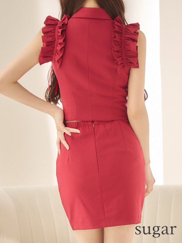 画像27: XSサイズあり【an /アン】セットアップ/ ノースリーブ/ フリルショルダー/ フロントジップ/ ボタン/ タイト/ ミニドレス/ キャバドレス[OF05]