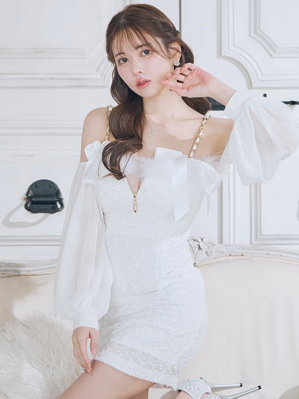 画像3: XSサイズあり【an /アン】袖あり/ ショルダーリボン/ ファー/ 取り外し可能/ バストジッパー/ チェーン/ キャミソール/ タイト/ ミニドレス/ キャバドレス[OF05]