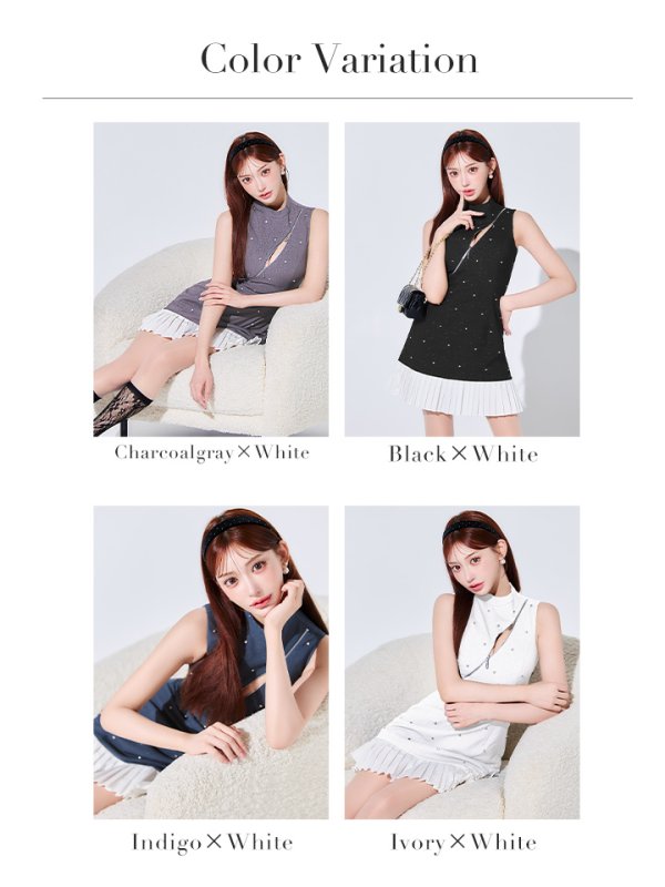 画像49: XSサイズあり【an /アン】ビジュー/ フロントジッパー/ ノースリーブ/ プリーツ/ フレア/ ワンピース/ ミニドレス/ キャバドレス[OF05]