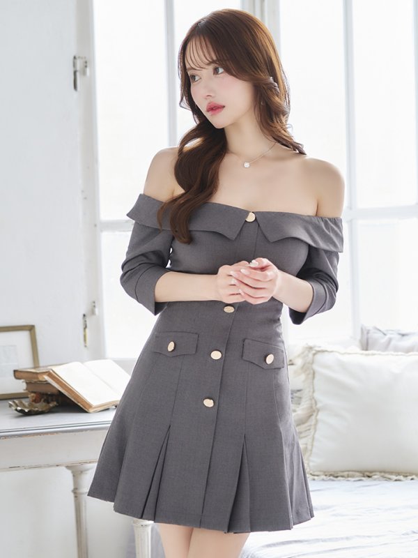 画像14: XSサイズあり【an /アン】オフショルダー/ 袖あり/ ハーフスリーブ/ ボタン/ プリーツ/ Aライン/ ミニドレス/ キャバドレス[OF05]