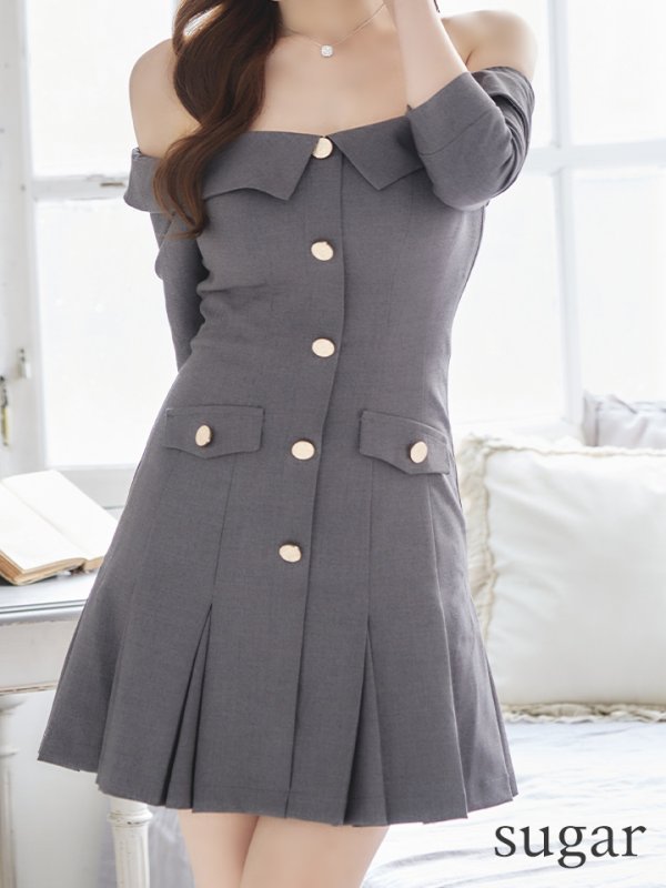 画像18: XSサイズあり【an /アン】オフショルダー/ 袖あり/ ハーフスリーブ/ ボタン/ プリーツ/ Aライン/ ミニドレス/ キャバドレス[OF05]