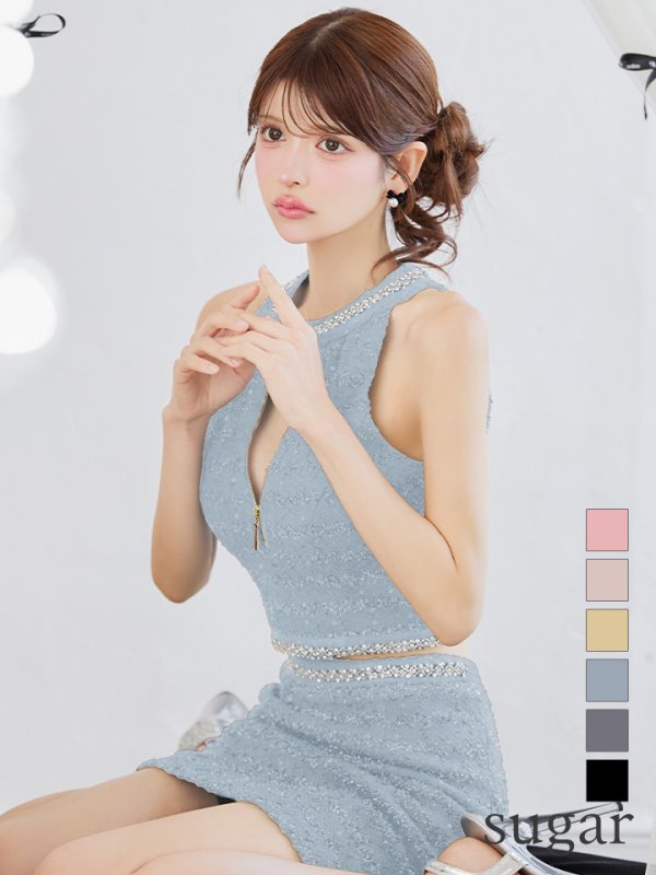 画像1: XSサイズあり【an /アン】アメスリ/ ラメ/ ビジュー/ バストジップ/ タイト/ セットアップ/ ツーピース/ ミニドレス/ キャバドレス[OF05]