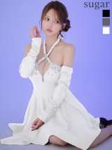 【予約商品/7月下旬-8月上旬発送予定】XSサイズあり【an /アン】 2WAY/ ロングスリーブ付き/ クロスホルターネック/ ビジュー/ バストジップ/ 変形ヘム/ フレア/ ミニドレス/ キャバドレス[OF05]