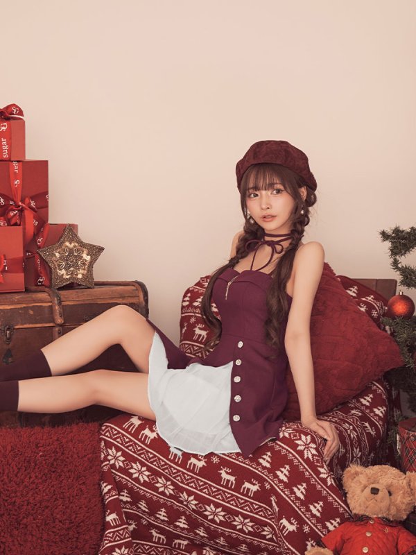 ワインレッドxホワイト　モデル：まみ　身長：160cm　着用サイズ：Sサイズ